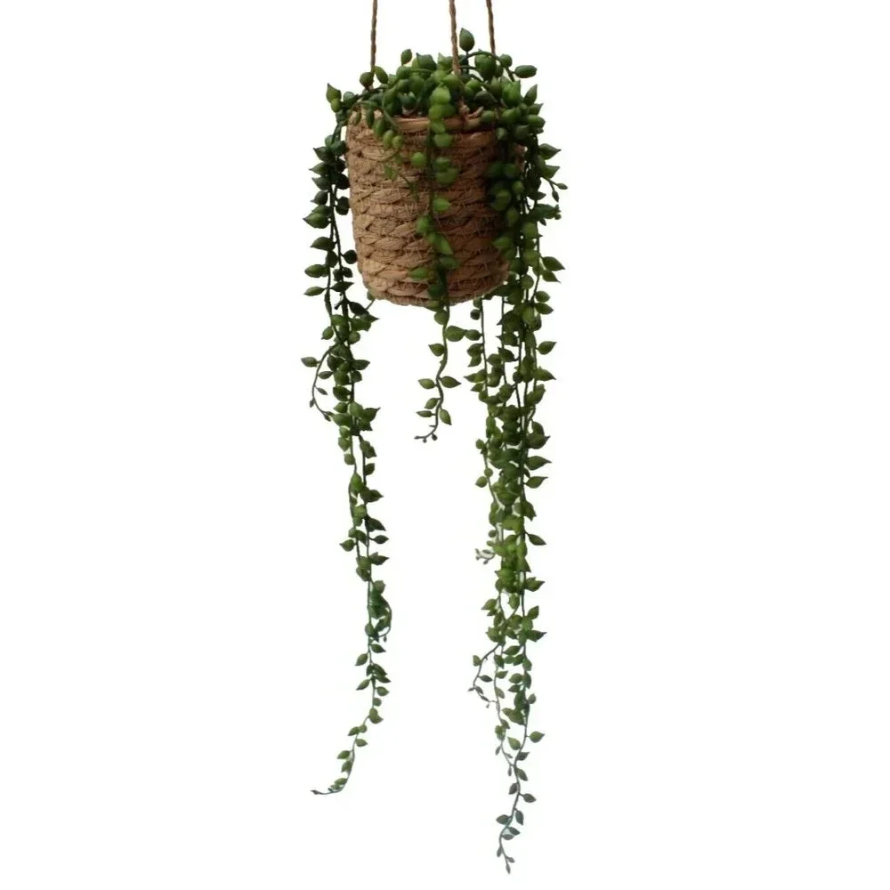 New BOHO Wicker Vase W/ Rocks Fake Hanging Plant Artificial Beaded Succulent